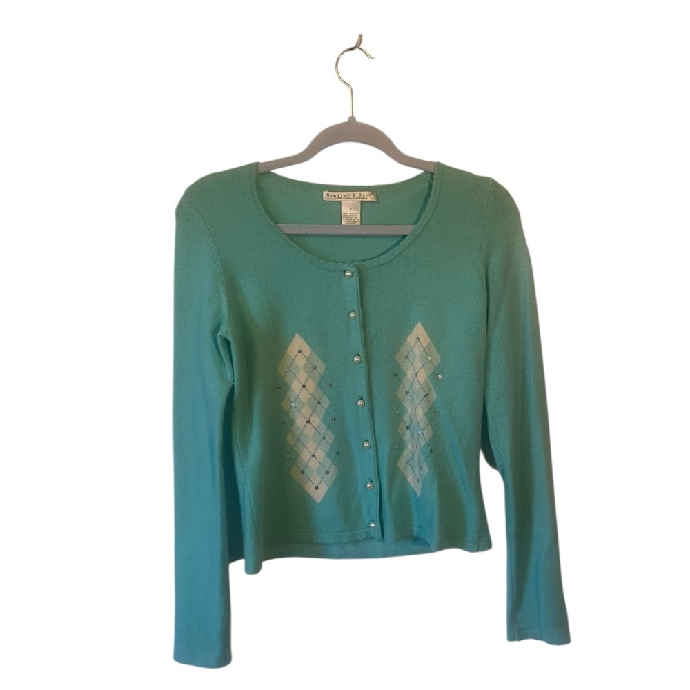 grayson & dunn 100% cashmere aqua argyle rhinestone pearl cardigan small